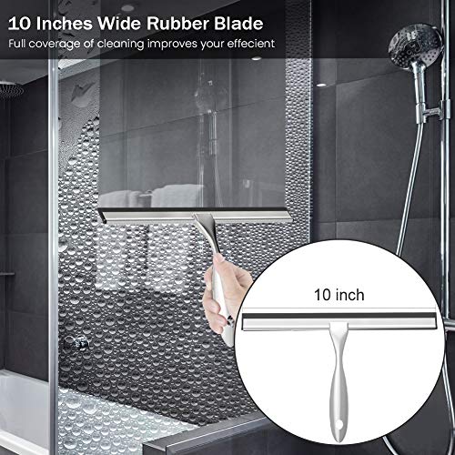 Shower Squeegee with Self Adhesive Hook, 10 Inches Stainless Steel Squeegee Cleaner, All-Purpose Window Scraper for Bathroom Doors, Mirror, Windows and Car Glass (10 Inch, Silver)