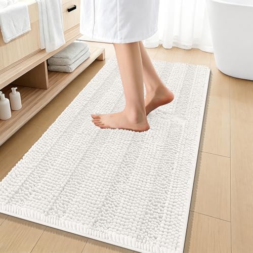 OLANLY Thick Bathroom Runner Rugs 47x20, Soft Chenille Bath Rugs, Ivory | Absorbent Striped, Rubber Backing, Machine Wash, Long Bath Mats for Bathroom Floor, Tub and Shower, Home Decor Accessories - color: Ivory, size: 47" X 20"