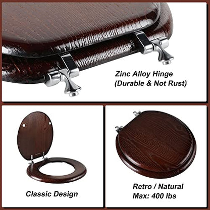 Angel Shield Durable Wood Veneer Natural Toilet Seat Metal Hinged Easy Clean Anti-scratch American Standard(Round,Dark Walnut) - color: Dark Walnut, size: Round-16.5”