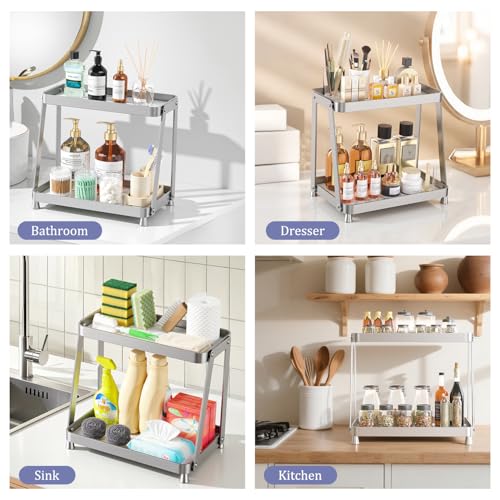 2-Tier Acrylic Bathroom Vanity Organizer, Silver | Bathroom Counter Storage Shelf with Marble-Look Tray, Holds Cosmetics, Perfume, Makeup & Skincare Products - color: Silver