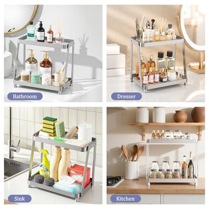 2-Tier Acrylic Bathroom Vanity Organizer, Silver | Bathroom Counter Storage Shelf with Marble-Look Tray, Holds Cosmetics, Perfume, Makeup & Skincare Products - color: Silver