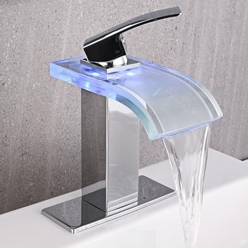 AVSIILE LED Bathroom Sink Faucet, Chrome Waterfall Single Hole Handle Vanity Faucets for Sinks 1 Hole with Metal Pop Up Drain and 2 Water Supply Lines, Wide Glass Spout - color: Chrome