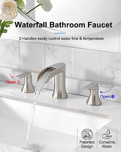 Brushed Nickel Widespread Bathroom Faucet, 2 Handles Waterfall Faucet, Bathroom Faucets for Sink 3 Hole, 8 Inch Solid Brass Bathroom Sink Faucets for Vanity Lavatory Restroom with Pop Up Drain - color: Brushed Nickel, style: WITH Pop Up Drain