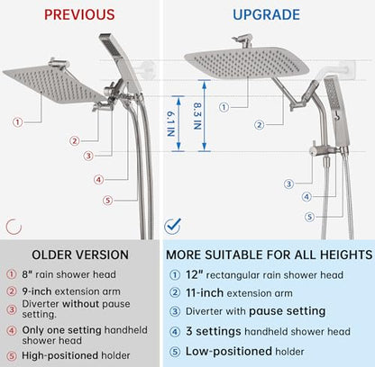 G-Promise 12 Inch All Metal Rain Shower Head with Handheld (Brushed Nickel) | Suits Every Height, Pause Mode Diverter, Massage Mode Handheld, Full Body Coverage, Easy to Install, Modern Bath Upgrade - color: Brushed Nickel, size: 12 Inch