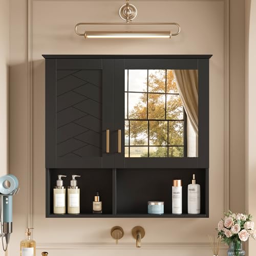 Marzzi Wall Mount Bathroom Medicine Cabinet with Mirror and Open Space | 30" x 28" Mirrored Door Over Toilet Vanity Storage Cabinet Organizer, Adjustable Shelves, Bathroom Wall Cabinet with Mirror - color: Black, size: 30"