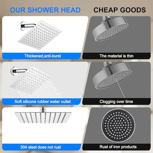 6 Inch Square Rain Shower Head, Renter Friendly High Pressure Fixed Showerhead, Stainless Steel Spa-Like Rainfall Shower Head with Self-Cleaning Nozzles, Wall Mount Chrome Finish - color: Chrome, size: 6 Inch