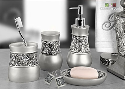 Creative Scents Crackled Glass 6 Pc. Silver Resin Bathroom Accessories Set | Includes Toilet Brush and Holder, Tissue Box Cover, Soap Dispenser, Toothbrush Holder, Tumbler Cup & Soap Dish - style: 6 Pc Set 02