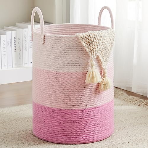 Cotton Rope Laundry Hamper by Fiona's magic, Tall Woven Laundry Basket Storage, Baby Nursery Hamper for Blankets, Toys and Clothes Hamper for Bedroom and Living Room Organizing, 58L, Pink - color: Pink, size: Tall(58L)
