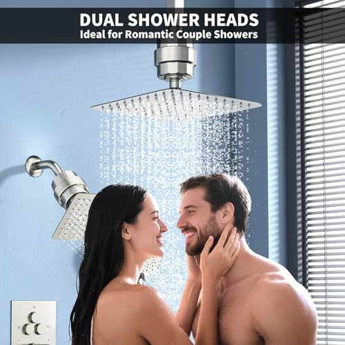 Shower Faucet Set Shower System - EMBATHER Brushed Nickel Push Button Diverter Filtered Dual Shower Faucet Valve Kit with Rain Ceiling Mount 10'' Shower Head 6'' Wall Mount, 9 in 1 Handheld for Couple