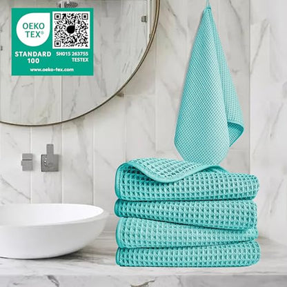 POLYTE 430 GSM Poly Blend Microfiber Quick Dry Waffle Hand Towel, 16x30 in | 4 Pack, Oversize, Lint Free, Quick Dry, Hanging Loop - color: Aqua