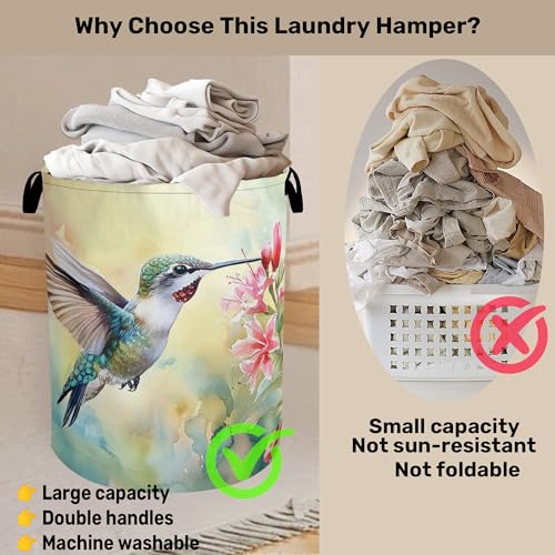 Summer Hummingbird Laundry Basket with Handles - Extra Large Foldable Hamper for Bathroom/Laundry/Bedroom/Dorm, Washable Fabric Storage Bin - color: Summer Hummingbird