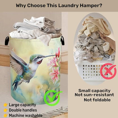 Summer Hummingbird Laundry Basket with Handles - Extra Large Foldable Hamper for Bathroom/Laundry/Bedroom/Dorm, Washable Fabric Storage Bin - color: Summer Hummingbird