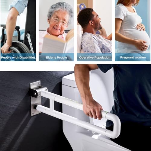 Flip Up Grab Bar for Toilet: Upgraded 23.6 Inch Handicap Grab Bars for Bathroom - Wall-Mount, Non-Slip Toilet Handles with Glows at Night, Suitable for Elderly Pregnant Women and Disabled - color: S-2930.White