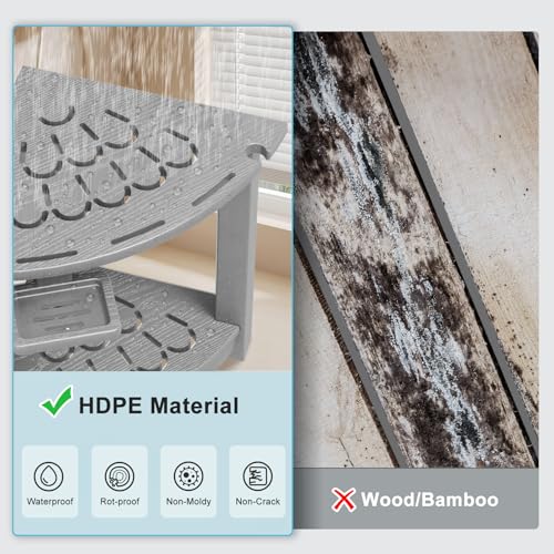 NALONE Corner Shower Stool, HDPE Shower Bench for Inside Shower, Small Shower Chair Seat for Shaving Legs with Storage Shelf, Soap Box and No-Slip Feet (Grey) | Small Shower Chair Seat for Shaving Legs, with Storage Shelf, Soap Box and No-Slip Feet, All W