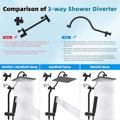 Hibbent 12'' Rainfall Shower Head with 4-mode Handheld Spray, Matte Black | cUPC Certified High Pressure Showerhead Combo, 12'' Adjustable Extension Arm, Extension Bar, Easy Reach Holder, 71'' Hose - color: Matte Black, style: Square 12''