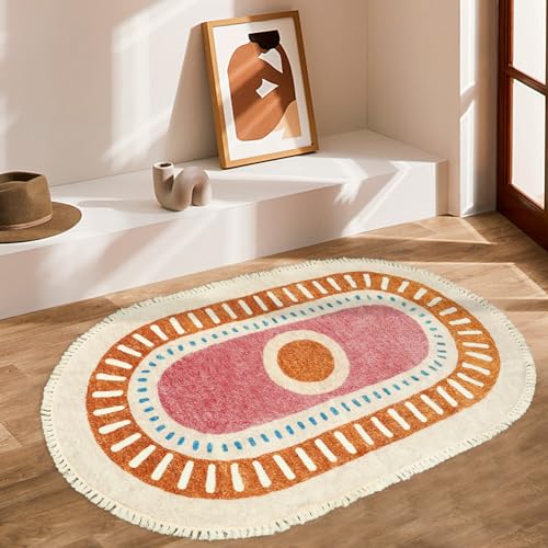Lukinbox Boho Area Rugs for Living Room, 3x5 Oval Sun Machine Washable Bedroom Rug, Super Soft Non-Slip Orange Circular Rainbow Throw Rug for Entryway Kids Room Playroom Nursery Room Dinning Room - size: 2'11" x 4'11" (Oval)