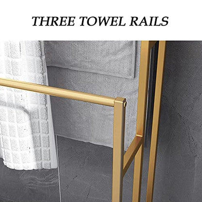 3 Tier Standing Towel Rack - Extra Wide Large Bathroom Towel Stand, Heavy-Duty Metal Towel Drying Rack for Poolside (Matte Gold, 37.4” Wide) - color: Gold