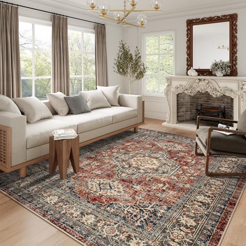 Lahome Oriental Washable Rugs 8x10, Soft 8x10 Area Rugs for Living Room | Non-Slip Bedroom Stain Resistant Ultra-Thin Vintage Accent Carpet for Dining Room Office Eleanor Brick, Red - color: Brick Red, size: 8' x 10' (Rectangular)