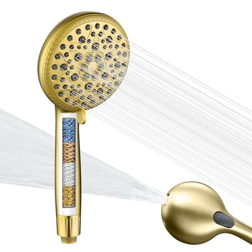 SUMERAIN Filtered Handheld Shower Head for Hard Water, Brushed Gold | Water-Saving, 9-Spray FOF ScaleBlock & Vitamin C Skin Care, 3-Month Cartridge, For California/Texas/Illinois - color: Brushed Gold