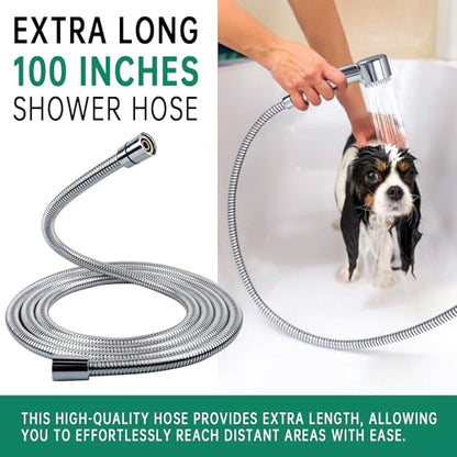3 Mode Dog Shower Attachment with Long Hose & Outdoor Adapter | High Pressure, Built-In Silicone Massage Brush, 100" Extra-long Stainless Steel Kink-Resistant Hose, Easy Outdoor Setup