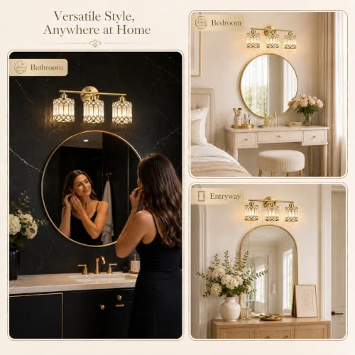 Lxybcce Brushed Antique Brass 3-Light Bathroom Vanity Light, 19 in Modern Crystal Bathroom Lighting Fixtures Over Mirror, E26 Hardwired Bathroom Wall Sconce - color: Gold, size: 19in