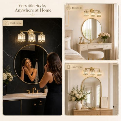 Lxybcce Brushed Antique Brass 3-Light Bathroom Vanity Light, 19 in Modern Crystal Bathroom Lighting Fixtures Over Mirror, E26 Hardwired Bathroom Wall Sconce - color: Gold, size: 19in