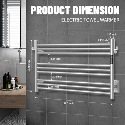 K&KALONZO Wall-Mounted 9-Bar Heated Towel Rack, Fast Heat in 2 Min, NTC Safety | 4 Timers & 3 Heat Levels Control, Plug-In/Hardwired, Top Hooks, Memory Function, Anti-Scald, Stainless Steel, EL13ML - color: Brushed, size: H 19.7 x W 31.5