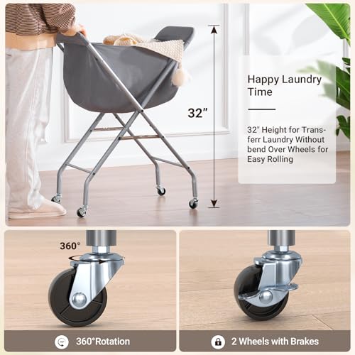 ELYKEN Laundry Basket with Wheels, Collapsible Laundry Hamper, Gray | Removable Liner Bag, Foldable Design, Sturdy Metal Frame, 4 Casters, 32”H Laundry Cart for Bedroom, Bathroom & Laundry Room - color: Gray, size: 23.2"L x 13"W x 32"H