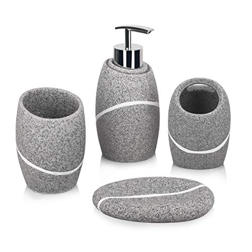 Bathroom Accessory Set,4 Pieces Bathroom Decor Accessories Complete Set Vanity Countertop Accessory Set,Includes Bathroom Soap Dispenser Set,Toothbrush Holder Set,Tumbler,Soap Dish,Grey Granite - color: Gray