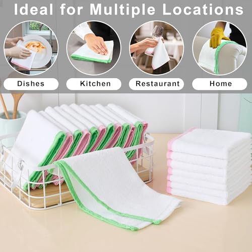VOOVA & MOVAS White Wash Clothes 24 Pack, 100% Cotton, Thick, Green Pink Trim - size: 24PC Bar Towels (12"x12")