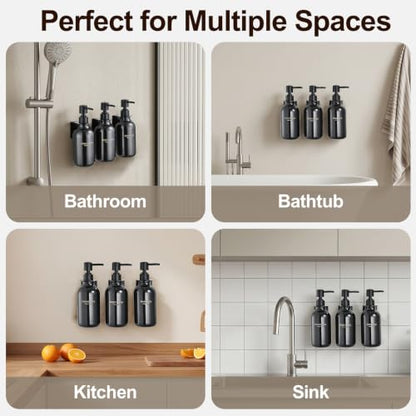 Shower Dispenser Wall Mounted Set of 3, Transparent Black | 16.9 oz Refillable Bottles, Black Pumps, No-Drill Installation, 27 Labels, For Bathrooms, Hotels and Airbnbs - color: Transparent Black Bottle + Black Pump