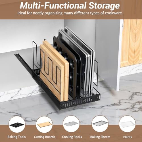 Housolution Pull Out Baking Tray and Cookie Sheet Cutting Board Organizer | 21.5" Deep & 12" Wide, 4 Adjustable Dividers, Sliding Rail Design, Sturdy Metal Structure, Adhesive/Screw Fixing - color: Black, 4 Dividers, size: Large