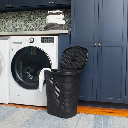 Mind Reader Slim Laundry Hamper with Lid, 50L Clothes Basket, Premium Wicker Design, Plastic, Black - color: Black