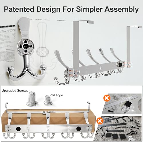 Over Door Hook 2.0 - Upgraded Version - Simple-Assembly, Strong, Heavy-Duty Stainless Steel 5-Tri-Hook Over The Door Hanger Rack, SimpleStrong Series, Chromed, Pack of 2 - color: Chromed