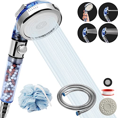High Pressure Shower Head with Hose, REHAVE Water Saving RV Handheld Shower Head, Shower Sprayer, 3 Mode, Handheld Spray Showerheads for Dry Skin Hair Loss, Purifying Filtration Mineral Stone Beads - style: 3 Spray Settings