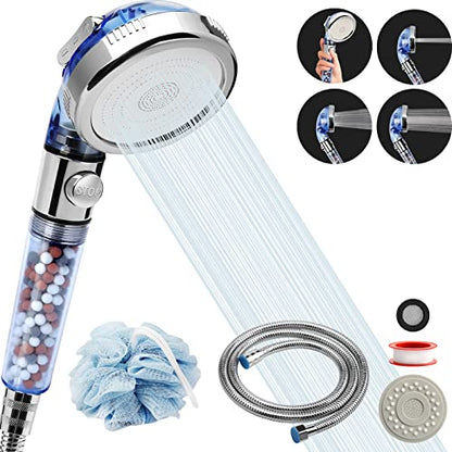 High Pressure Shower Head with Hose, REHAVE Water Saving RV Handheld Shower Head, Shower Sprayer, 3 Mode, Handheld Spray Showerheads for Dry Skin Hair Loss, Purifying Filtration Mineral Stone Beads - style: 3 Spray Settings