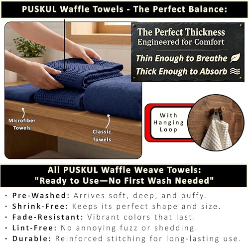 PÜSKÜL 2-Piece Natural 100% Turkish Cotton Waffle Bath Towels Extra-Large | Navy Blue, 32x63" Bath Sheet Towel, Light Soft Absorbent Quick-Dry Lint-Free Premium Honeycomb Weave Oeko-Tex Made in Turkiye - color: Navy Blue, size: Bath Towels - Pack of 2