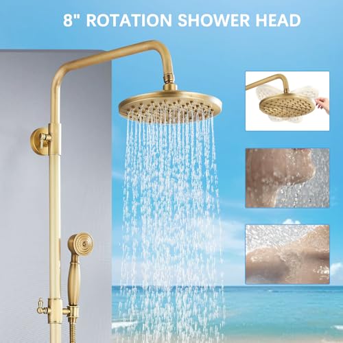 Antique Brass Shower System Bathroom Shower Faucet Set with 8 Inch Rainfall Shower Head Handheld Spray 2 Cross Handles Wall Mounted Outdoor Shower Fixtures Solid Brass - color: Antique Brass, style: Two Modes