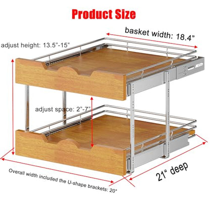 DINDON 2 Tier Pull Out Cabinet Organizer (20" W x 21" D) Slide Out Wood Shelf Double Tier Kitchen Wire Basket with Chrome Finish… - size: 20'' W X 21'' D