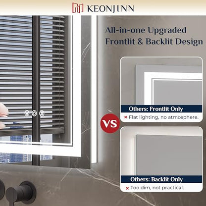 Keonjinn 30 x 36 Inch LED Bathroom Mirror with Lights, Frontlit & Backlit | Bluetooth Speaker, Bluetooth Mirror Bathroom, HD Tempered Glass, 3000K/4500K/6000K, Dimmable, Fast & Safe Defogging, CRI90+ - size: 36"L x 30"W