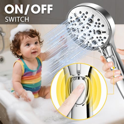 High Pressure Shower Head with Handheld,8-settings Handheld Shower Head with On Off Switch,79-inches Extra Long Hose and Built-in Power Wash to Tub,Wall&Tile,Adjustable Brackets,Silver