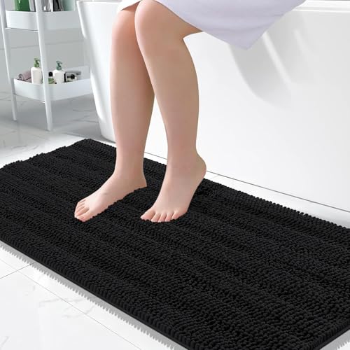 OLANLY Thick Large Bathroom Rugs 50x30, Soft Chenille Bath Rugs, Black | Absorbent Striped, Rubber Backing, Machine Wash Dry, Bath Mats for Bathroom Floor, Tub and Shower, Home Decor Accessories - color: Black, size: 50" X 30"