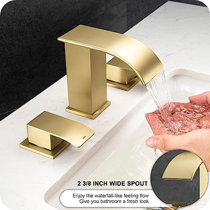 GAGALIFE 8 Inch Waterfall Bathroom Faucets 3 Hole - Brushed Gold Widespread Bathroom Faucet with Pop-up Drain, Two Handles Bathroom Sink Faucet, Modern Vanity Sink faucets with Supply Lines - color: Gold, style: With Drain