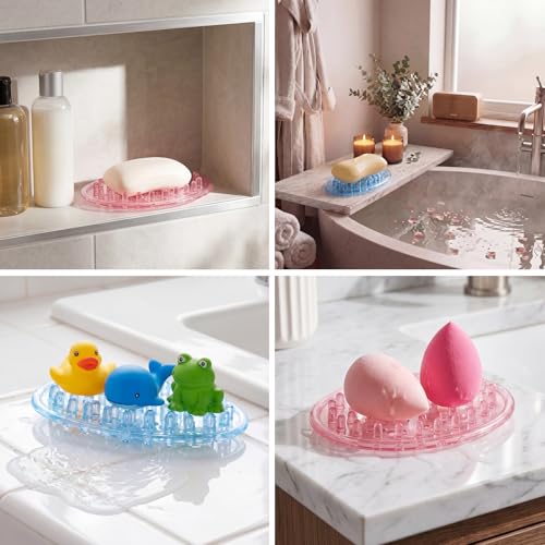 2 Pcs Plastic Soap Holder Soap Dish Bar Saver Tray with Holes Sponge Holder for Kitchen Bathroom Shower Counter, 4.5 x 3 x 0.7 Inches (Pink,Blue) - color: Pink, Blue