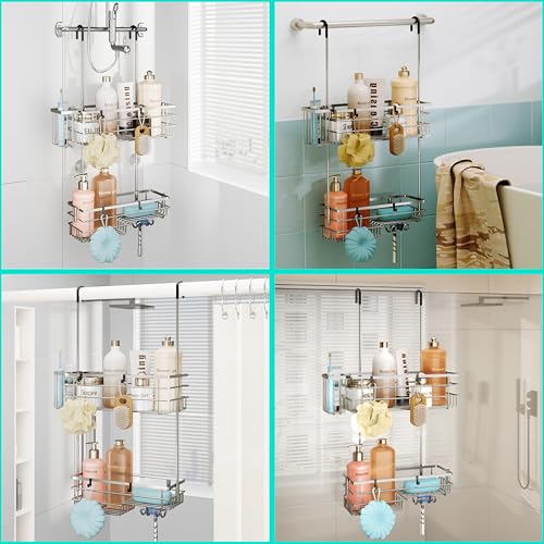 HapiRm Hanging Shower Caddy Organizer - No Drilling Shower Shelves with Hooks and Toothbrush Holder, Rustproof 304 Stainless Steel Bathroom Organizer - Brushed Nickel - color: Brushed Nickel