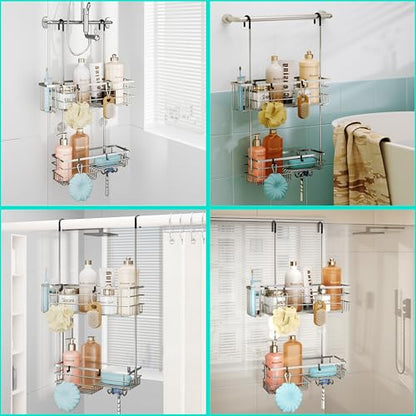 HapiRm Hanging Shower Caddy Organizer - No Drilling Shower Shelves with Hooks and Toothbrush Holder, Rustproof 304 Stainless Steel Bathroom Organizer - Brushed Nickel - color: Brushed Nickel