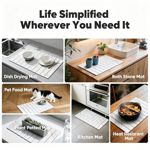 Stone Drying Mat for Kitchen Counter, Quick Diatomaceous Earth Mats for Dishes, 24"L x 16" W Super Absorbent Fast-Drying Collapsible Countertop Stone Mat (Marble Gold White, 24" x 16") - color: Marble Gold White