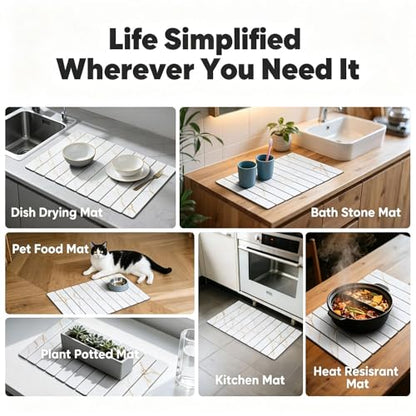 Stone Drying Mat for Kitchen Counter, Quick Diatomaceous Earth Mats for Dishes, 24"L x 16" W Super Absorbent Fast-Drying Collapsible Countertop Stone Mat (Marble Gold White, 24" x 16") - color: Marble Gold White