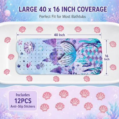 Cinrobiye Bath Mat for Tub Non Slip, 40 x 16 Inch Mermaid Cartoon Bathtub Shower Mat with Suction Cups and Drain Holes, Waterproof Machine Washable Bathroom Mat - color: Pink