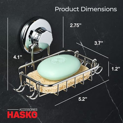 HASKO 2-Pack Suction Cup Soap Holder – Bar Soap Dish for Shower with Hooks for Bathroom – Optional Mounting with Adhesive Tape or Glue – Includes 2 Soap Savers – Stainless Steel SS304 - Silver - color: Silver (2 Pack)